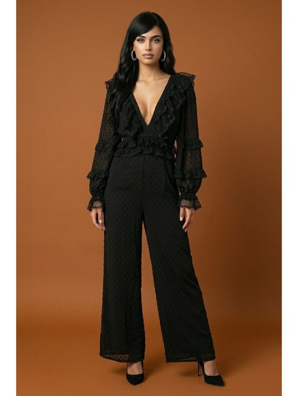 JS3. Black Rosevelvet Eyelet Wide-leg Jumpsuit